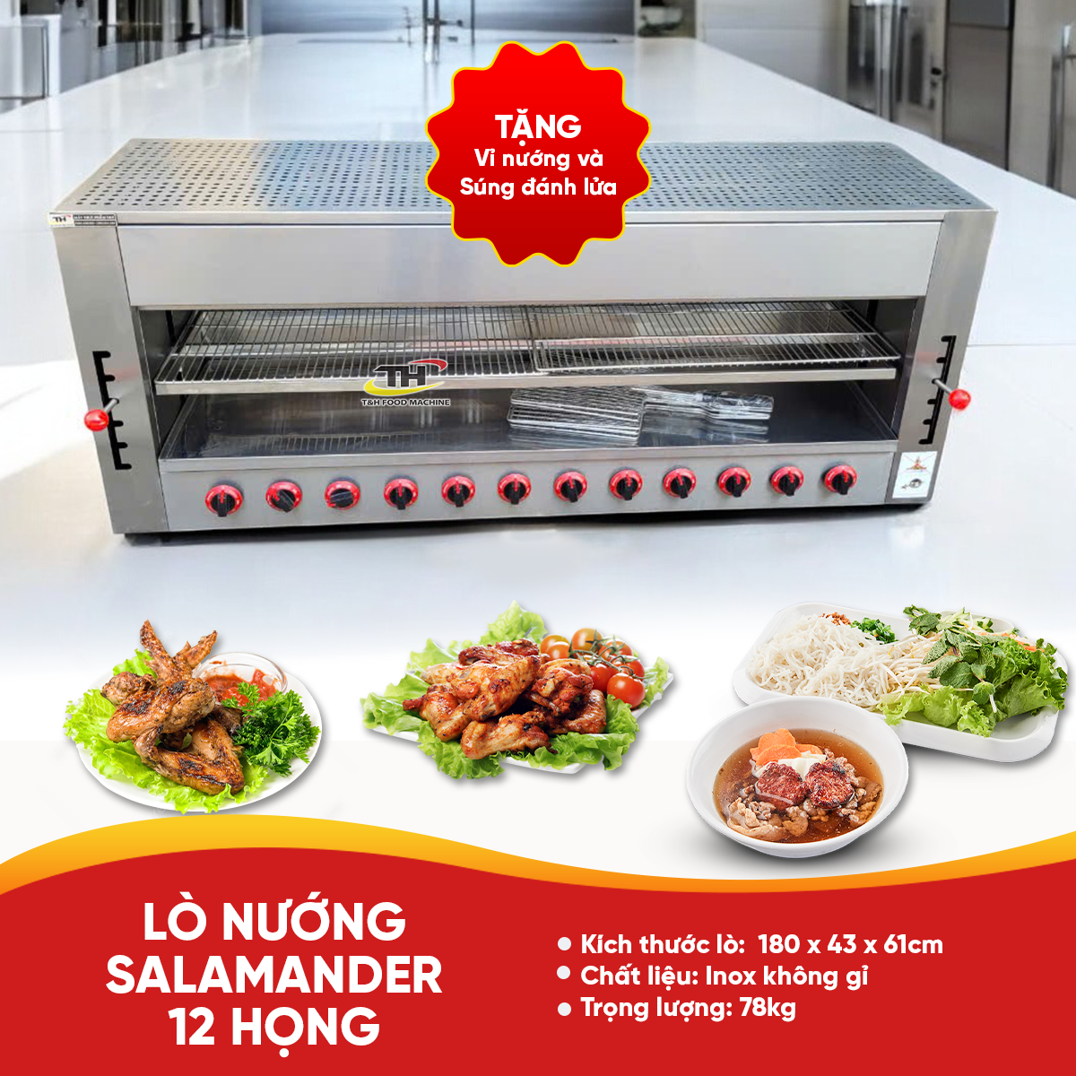 Lò Nướng Salamander Dùng Gas 12 Họng Đốt