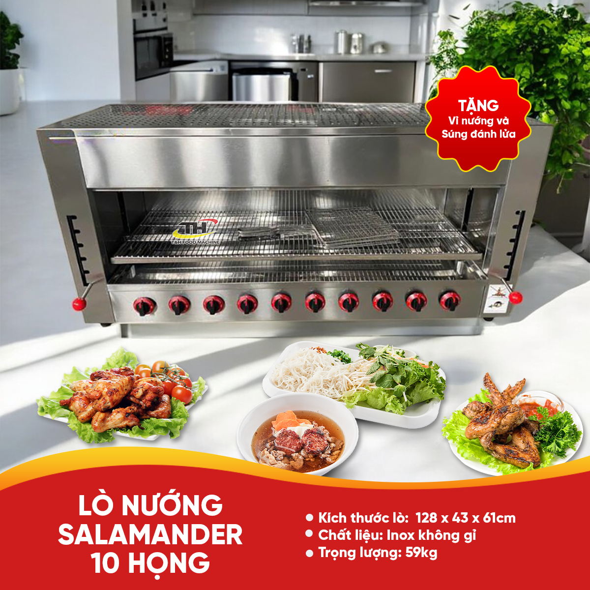 Lò Nướng Salamander Dùng Gas 10 Họng Đốt