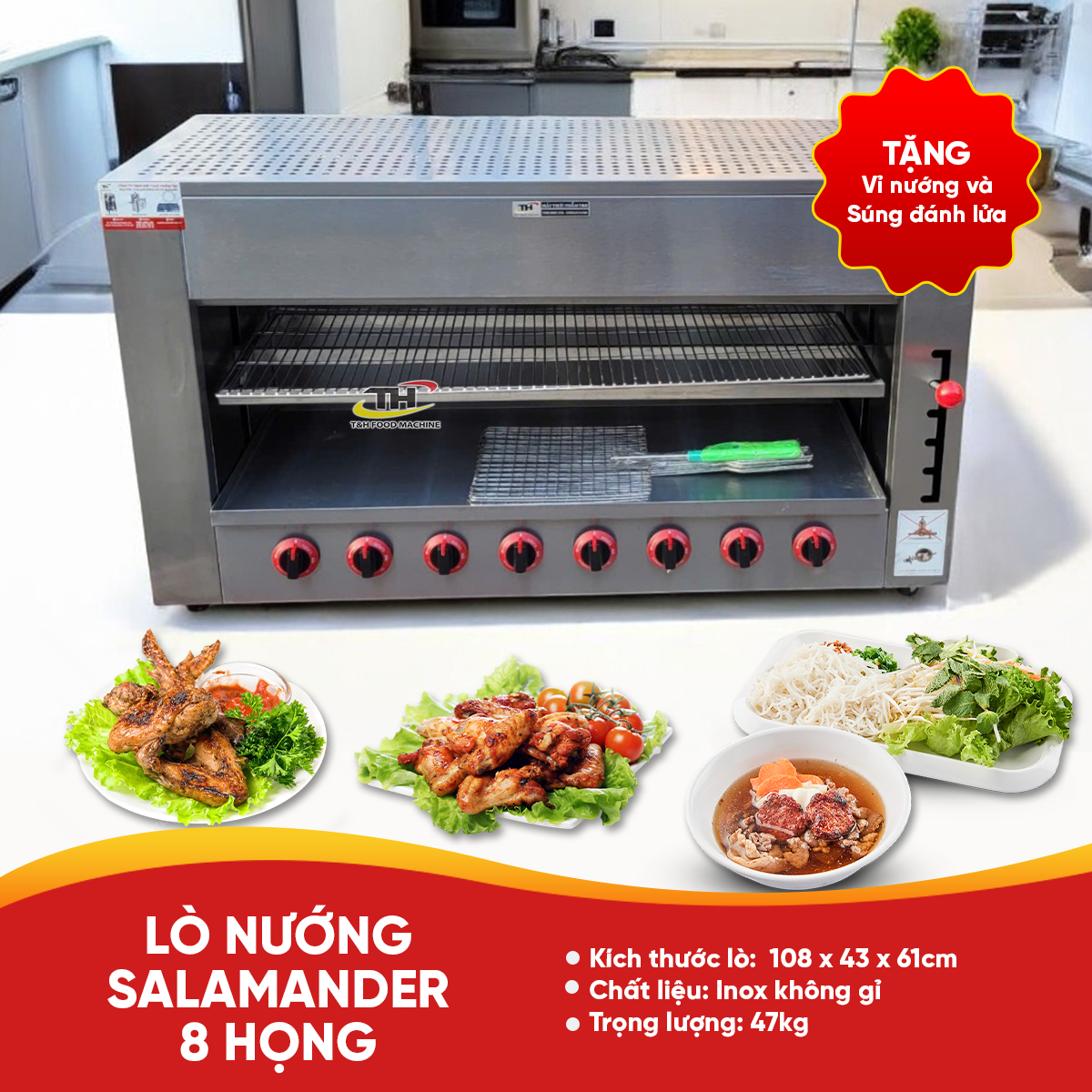 Lò Nướng Salamander Dùng Gas 8 Họng Đốt